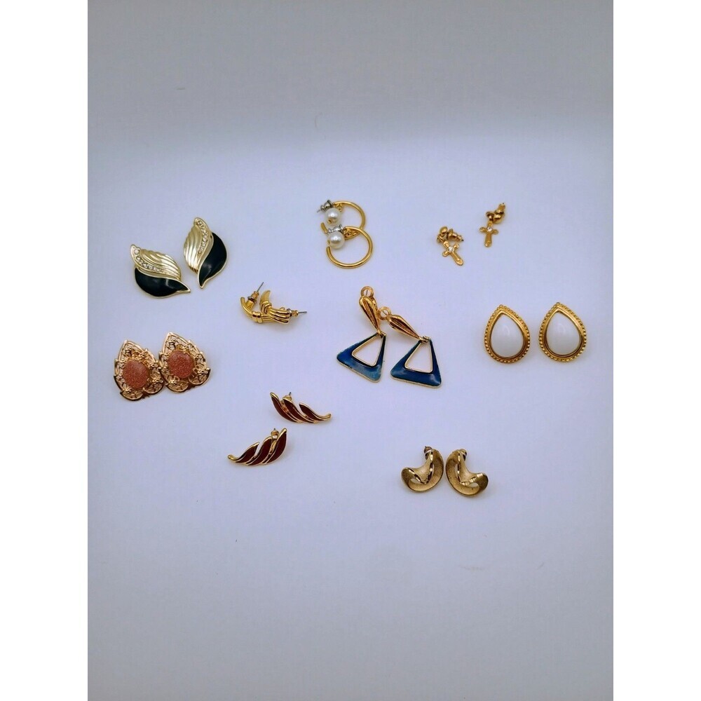 Vintage Lot of 9 Pair Gold Tone Quality Enamel Dangle Stud, Clip On Earrings